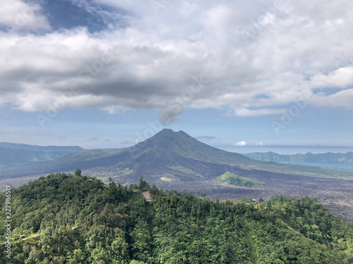 Bali  Indonesia - 27 April 2019   Landscape nature view of Mt Agung  Mt Batur and Mt Abang and natural lake as tourist attraction point to have a breathtaking view