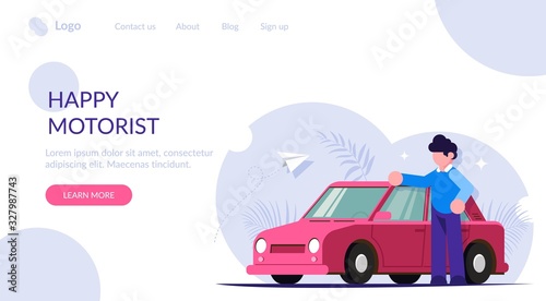 Happy motorist concept. People stands next to his red car. Buying or service for cars. Modern flat vector illustration. Landing web page template.