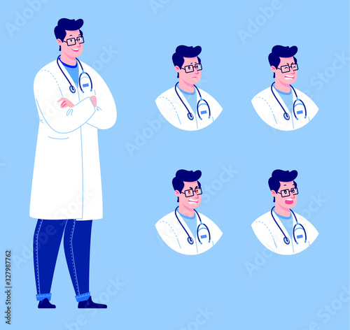 Doctor in various emotions. Character design set. Vector illustration in a flat cartoon style.