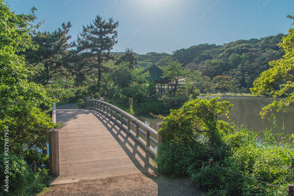 Wooden bridge over a pond (Yokohama, Japan)