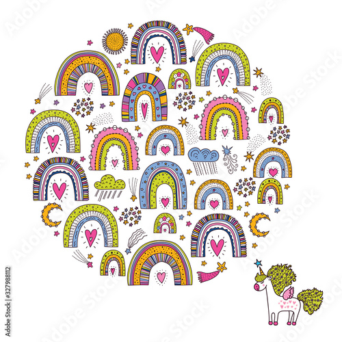 Cute card with rainbows, stars,clouds and unicorn. Kids illustration.