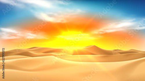 Realistic desert landscape with sunset. Beautiful view on realistic sand dunes with sunset. 3d vector illustration of sandy desert.