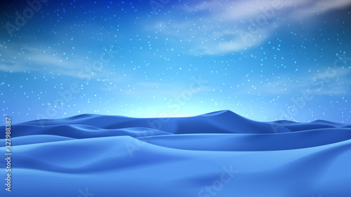 Realistic night desert landscape. Beautiful view on realistic sand dunes with starry sky. 3d vector illustration of sandy desert.