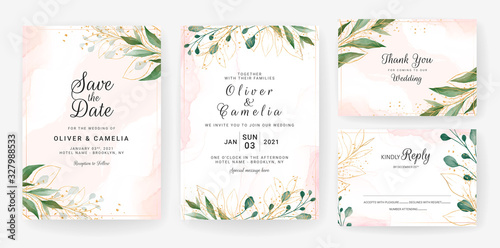 Wedding invitation card template set with watercolor floral arrangements and border. Flowers decoration for save the date, greeting, rsvp, thank you, poster, cover, etc. Botanic illustration vector