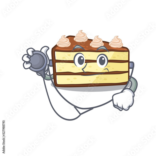 A mascot picture of chocolate slice cake cartoon as a Doctor with tools
