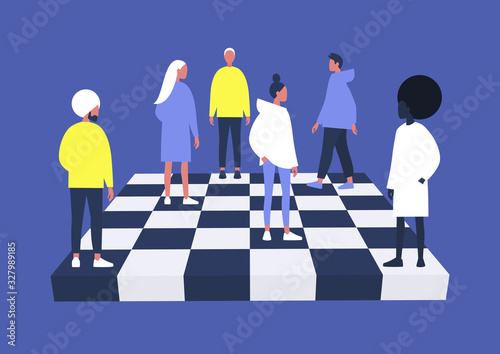 A group of diverse characters playing chess on a chessboard, management concept Fototapete