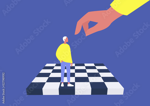 Young male character on a chess board, manipulation and domination, pawn, business strategy, obedience