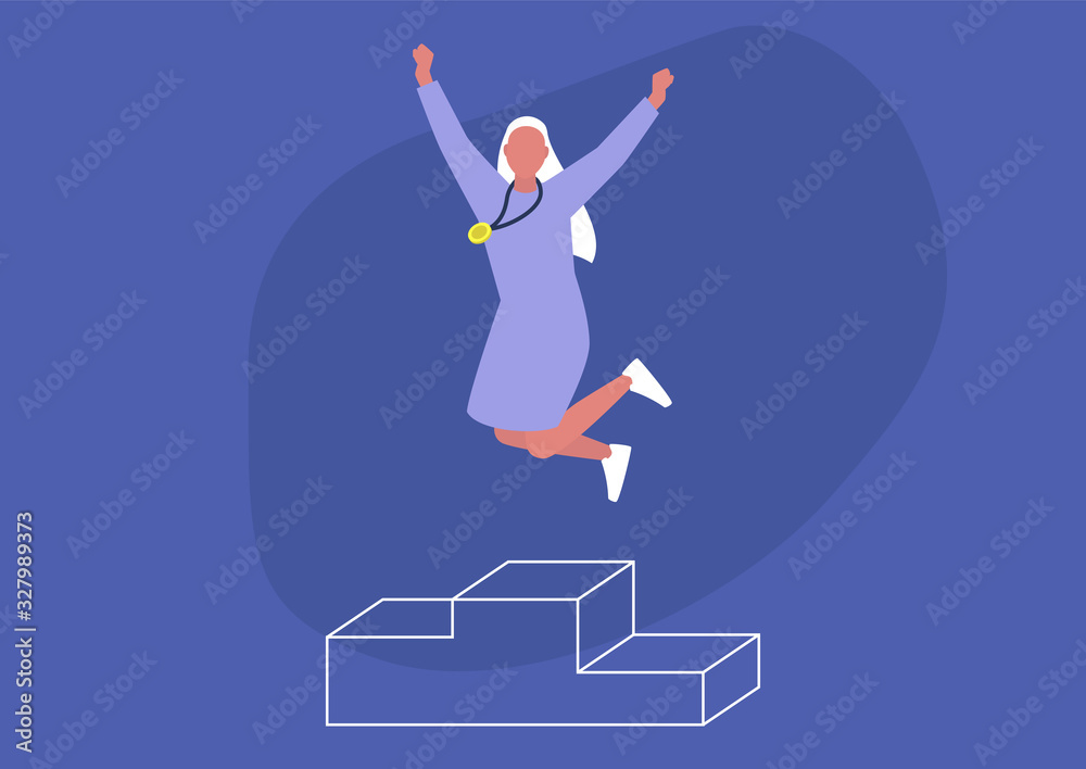 Young excited female character jumping on a pedestal, winner concept