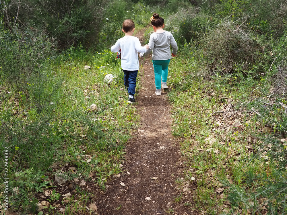 Young children walking hiking in nature Young children walking hiking in nature