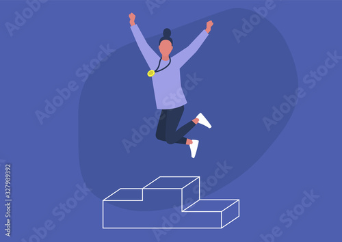 Young excited female character jumping on a pedestal, winner concept