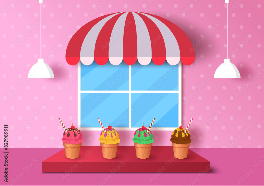 Illustration vector of Ice cream cone with pink background on 3d style