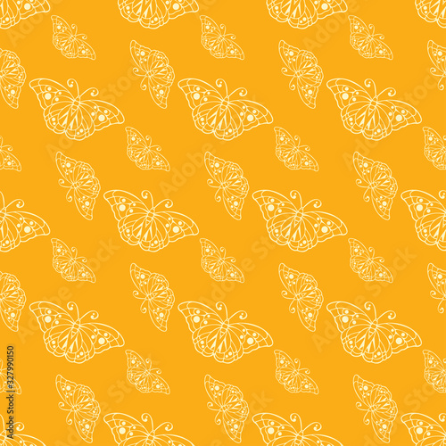 Butterflies On Orange Wallpaper, vector seamless pattern, background, texture