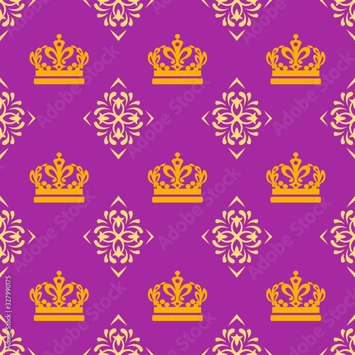 Gold Crowns On Purple Background, seamless pattern, vector background, texture