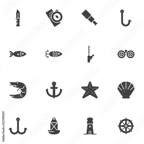 Fishing equipment vector icons set, modern solid symbol collection, filled style pictogram pack. Signs, logo illustration. Set includes icons as fishing rod, lure, hook, fish, compass, knife, seashell