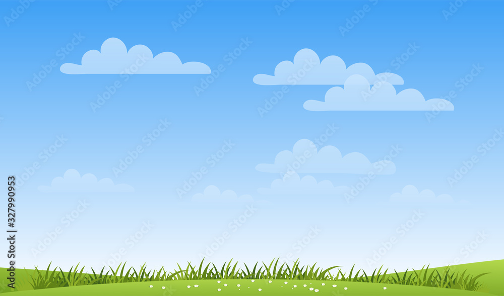 A banner with a simple spring landscape, a meadow with green grass and a blue sky with clouds and copy space. Modern summer background with place for text. Flat cartoon vector illustration. A banner with a simple spring landscape, a meadow with green grass and a blue sky with clouds and copy space. Modern summer background with place for text. Flat cartoon vector illustration.