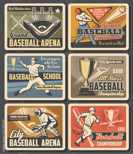 Baseball victory cup championship, team league playoff tournament at grand arena vintage retro posters. Vector baseball school fan club and college softball team sport