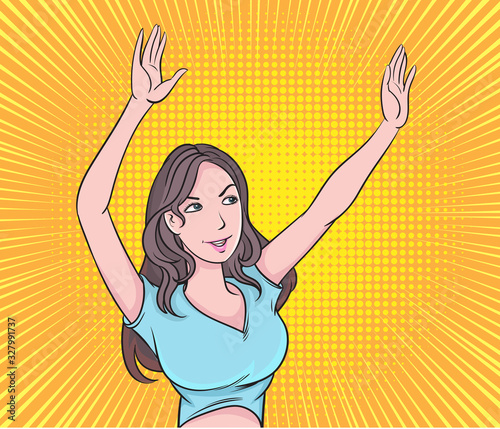 Long-haired girl wearing a T-shirt, smiling, in a good mood, raising both hands above her head. Pop art retro illustration comic Style Vector, Separate images of people from the background.