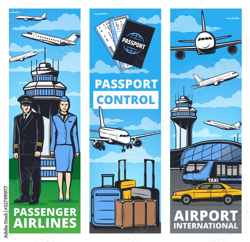 Airline plane crew and air transportation service vector banners. Airport, airplanes, pilot and flight attendant, passenger passport, ticket, boarding pass and luggage, transfer service, traffic tower