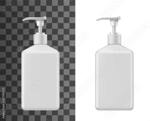 Liquid soap bottle vector mockups of 3d blank cosmetic containers. Beauty, body care and bath product packages, white plastic bottles with pump dispenser realistic design for shower gel or shampoo