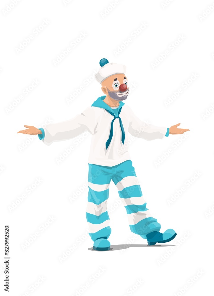 Circus clown cartoon character with sailor costume. Vector design of entertainment performance joker, comedian actor or carnival jester artist with funny face, makeup, sailorman hat and collar Circus clown cartoon character with sailor costume. Vector design of entertainment performance joker, comedian actor or carnival jester artist with funny face, makeup, sailorman hat and collar