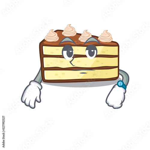 cartoon character design of chocolate slice cake on a waiting gesture