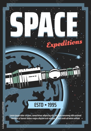 Cosmic space expeditions, galaxy exploration and shuttle or rocket travel adventure poster. Vector futuristic technology, spaceship rocket in outer space universe, galaxy trips to Moon and Saturn
