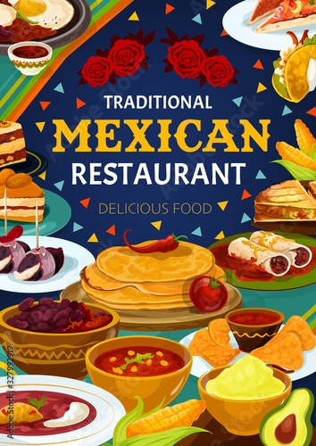 Mexican cuisine restaurant menu, Latin America traditional authentic dishes and lunch meals. Vector Mexican burrito, cinnamon cookie and capirotada pudding, scrambled egg with meat and spicy bean soup