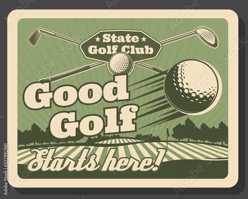 Golf club, premium leisure sport and recreation hobby vintage retro poster. Vector professional golfer players school, golf education and championship tournament, golf ball and stick on putter