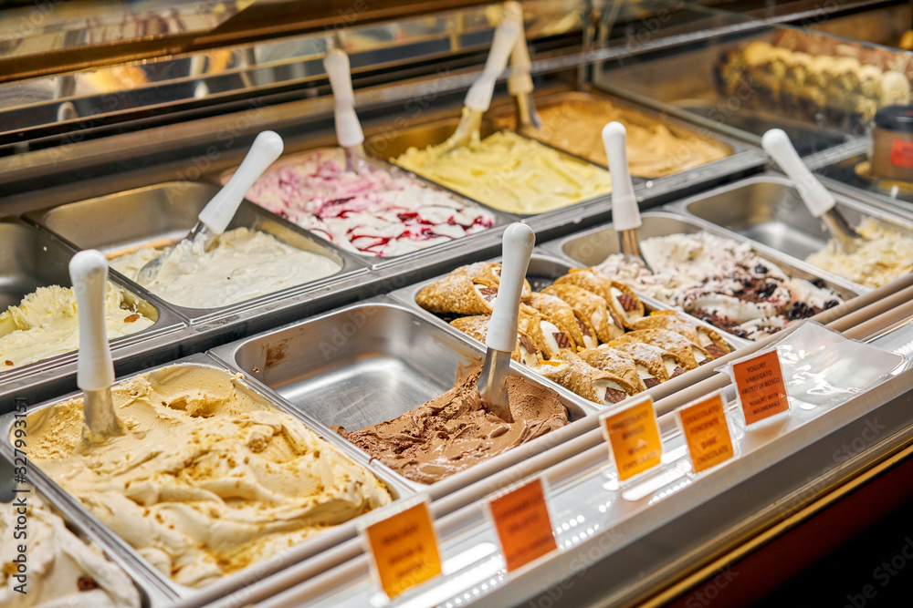 Coffee Gelato. Flavors various ice cream in Rome, Italy. Italian gelateria. Assortment of colorful gelato on cafe showcase. Natural fresh ice cream.