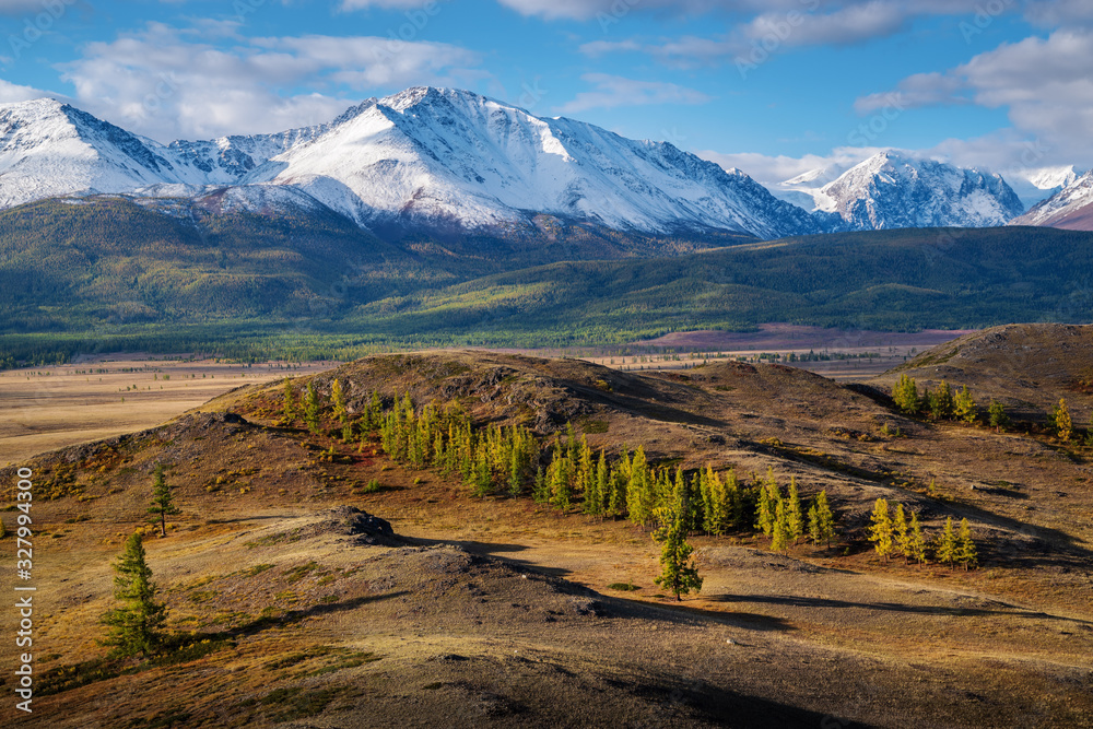 Morning in the Kurai steppe, view of the North Chuysky ridge. Kosh-Agachsky District, Altai Republic, Russia
