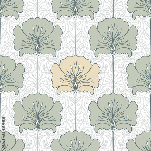 Vintage seamless pattern with pink flowers. Art nouveau style. Vector illustr...