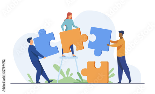 Partners holding big jigsaw puzzle pieces flat vector illustration. Successful partnership, communication and collaboration metaphor. Teamwork and business cooperation concept.