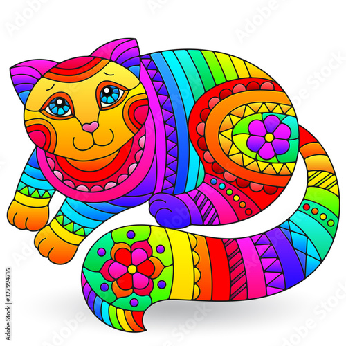 Illustration in stained glass style with an abstract rainbow cat isolated on a white background