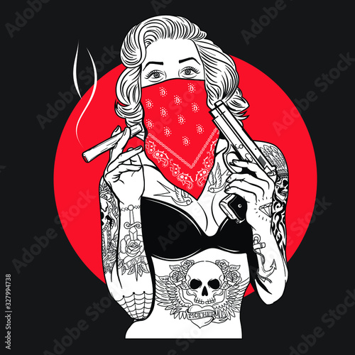 Tattooed rebel woman with red bandana holding handgun and cigar streetwear art