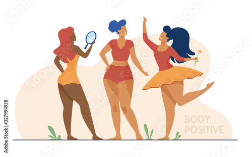Happy girls admiring their bodies flat vector illustration. Body positive female characters smiling each other. Active women with plus size figures. Different beauty, fashion and healthy lifestyle