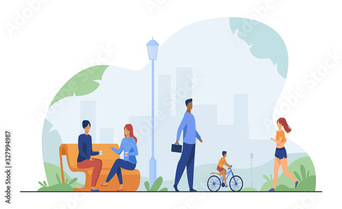 People relaxing at park in summer flat vector illustration. Woman jogging and doing exercise. Couple chatting at bench. Character walking outdoor. Person riding bicycle. Fun and leisure concept