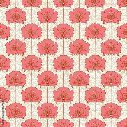 Vintage seamless pattern with pink flowers. Art nouveau style. Vector illustr...