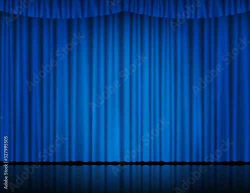 Blue velvet curtain in theater or cinema. Vector background with closed stage curtains with drapery, spot of light and reflection on glossy floor. Blue fabric drapes lit by searchlight