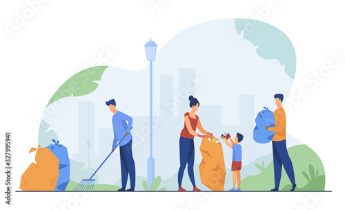 Volunteers community cleaning garbage flat vector illustration. People working in team for city ecology protection. Environment, nature and clean planet concept