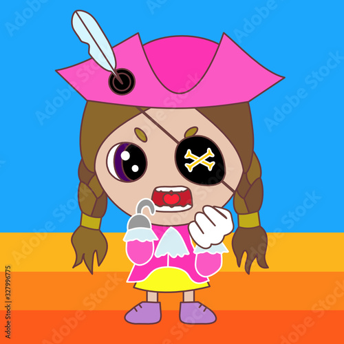 girl pirate captain with a prosthetic hook in place of missing arm wearing an eyepatch, buccaneer in a cocked hat with feather, primitive vector emoji