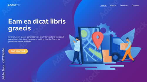 Delivery man and recipient who leaning on smartphone with pin. Door to door delivery by courier flat vector illustration. Delivery service concept for banner, website design or landing web page