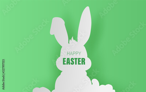 Element minimal holiday bunny for design.Happy Easter day eggs in green grass with white flowers.Butterflies fly air.Creative paper cut and craft style idea card  background.Shape curve rabbit.Eco