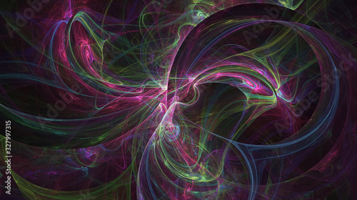 Abstract colorful green and pink glowing shapes. Fantasy light background. Digital fractal art. 3d rendering.