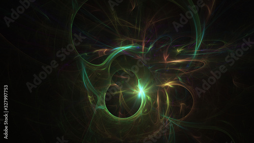 Abstract colorful green glowing shapes. Fantasy light background. Digital fractal art. 3d rendering. © Klavdiya Krinichnaya