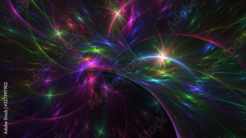 Abstract purple and green glowing shapes. Fantasy light background. Digital fractal art. 3d rendering.