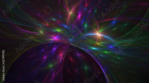 Abstract purple and green glowing shapes. Fantasy light background. Digital fractal art. 3d rendering.