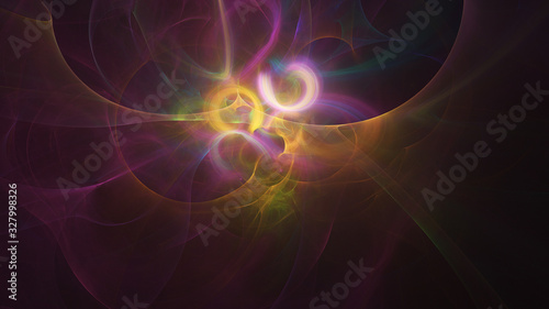 Abstract colorful pink and yellow glowing shapes. Fantasy light background. Digital fractal art. 3d rendering. © Klavdiya Krinichnaya