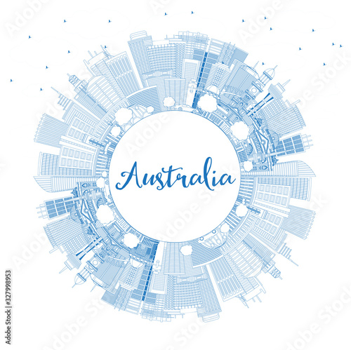 Outline Australia City Skyline with Blue Buildings and Copy Space.