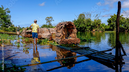 Radeau en bambou transportant des feuilles de Raphia  photo