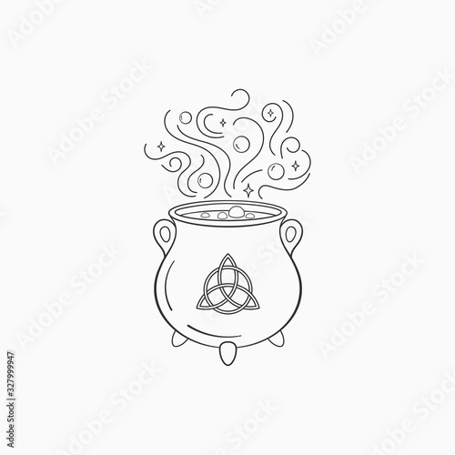 Witch cauldron with bubbling liquid. Magic symbol cauldron , monochrome vector illustration, isolated on white background